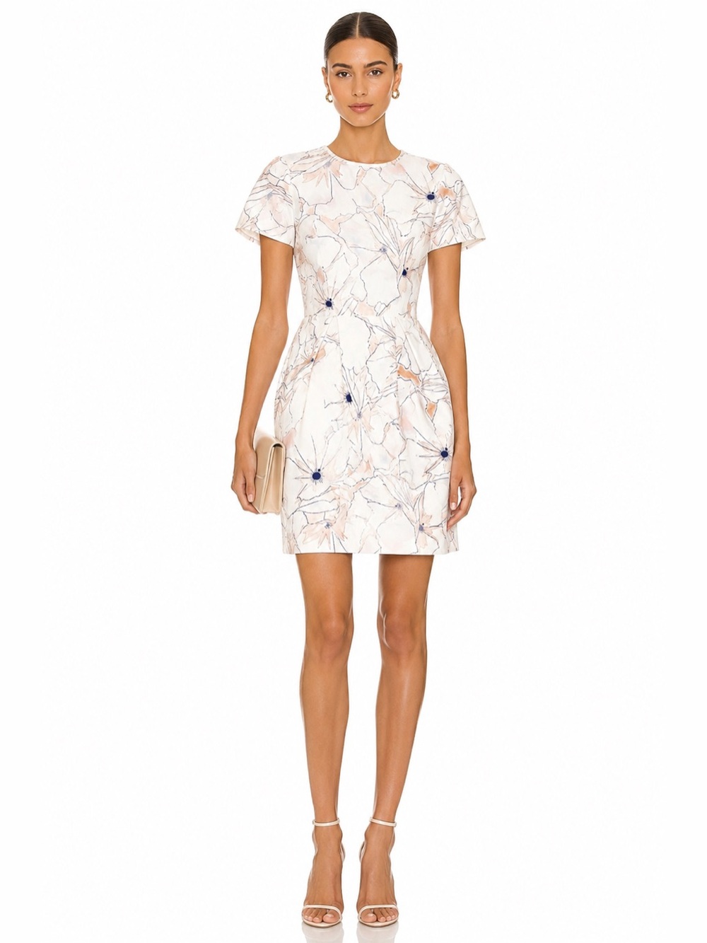 Club Monaco 100% Silk Floral Sheath Dress Ivory Blue Blush Short Sleeve